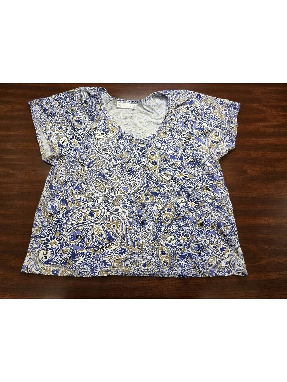 Rafaella Blue Paisley XL Short Sleeve Blouse Boho Chic Crop Casual Vacation Top
